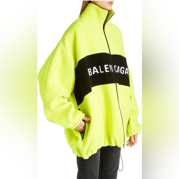NWT Balenciaga Logo Yellow Fluo Wool Oversized Jacket Drawcord Hem 571439 - Picture 11 of 16